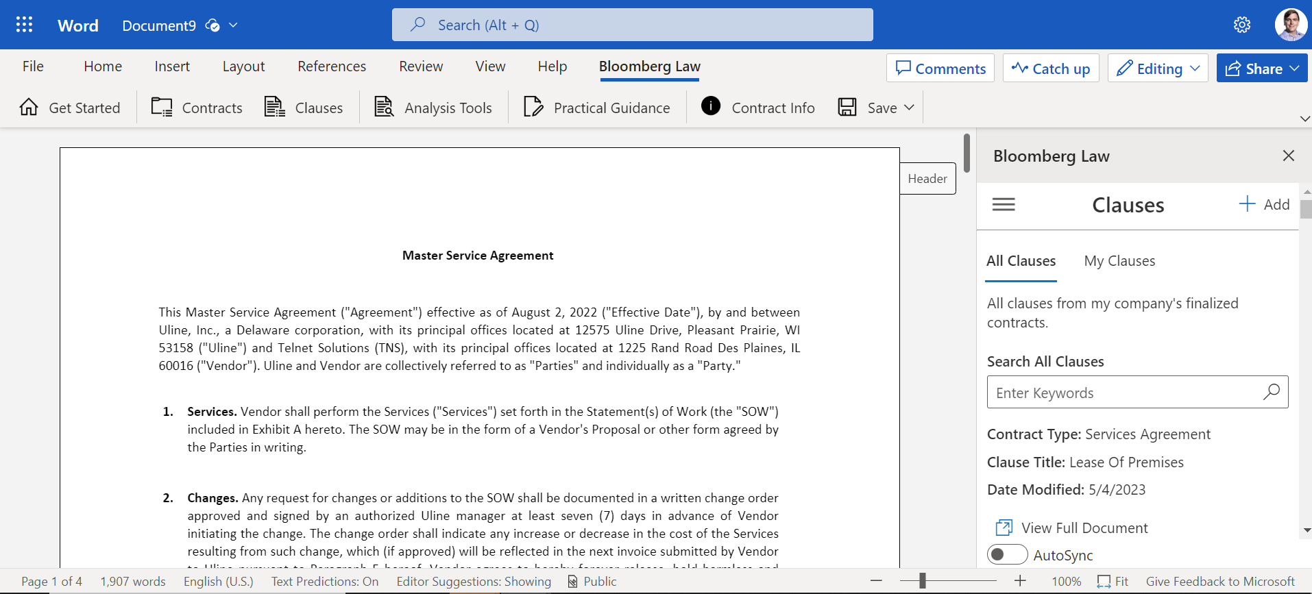 screenshot of Bloomberg Law Contract Solutions